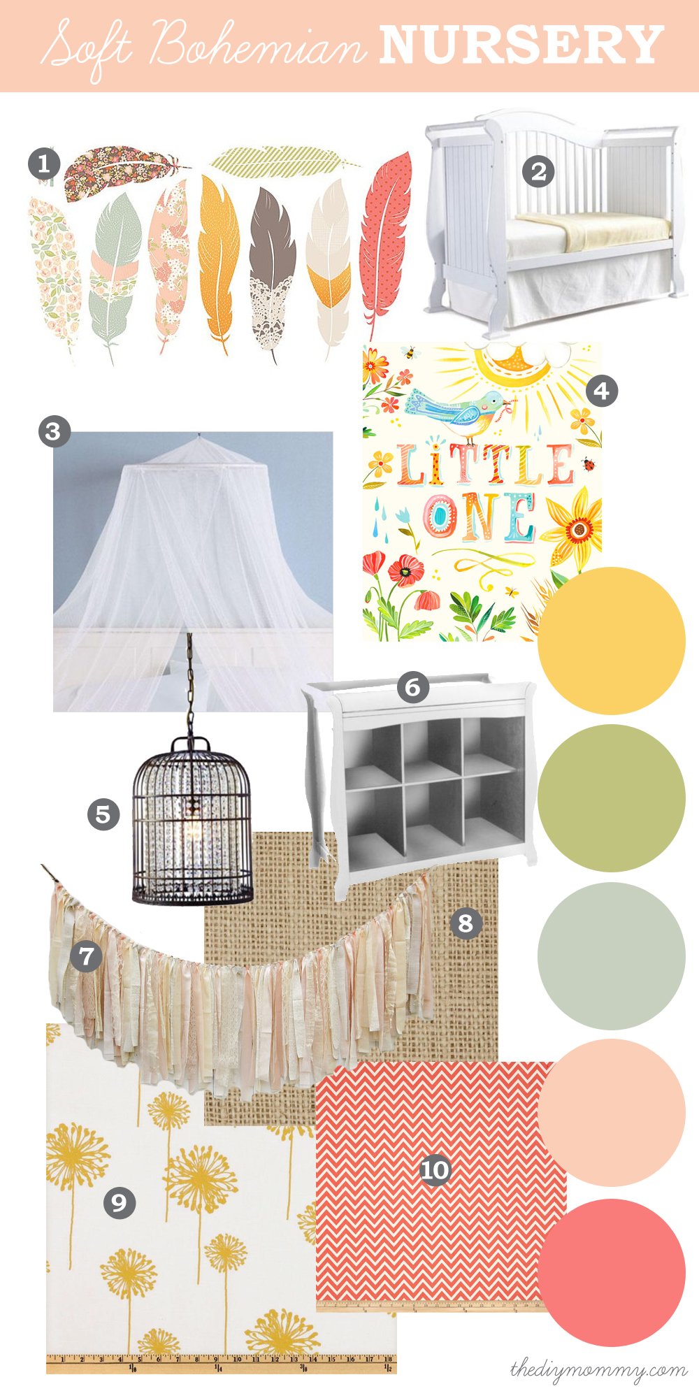 nursery mood baby boho bohemian pastel soft yellow coral colours diy eclectic mommy boards sears days peach pink elements feathers