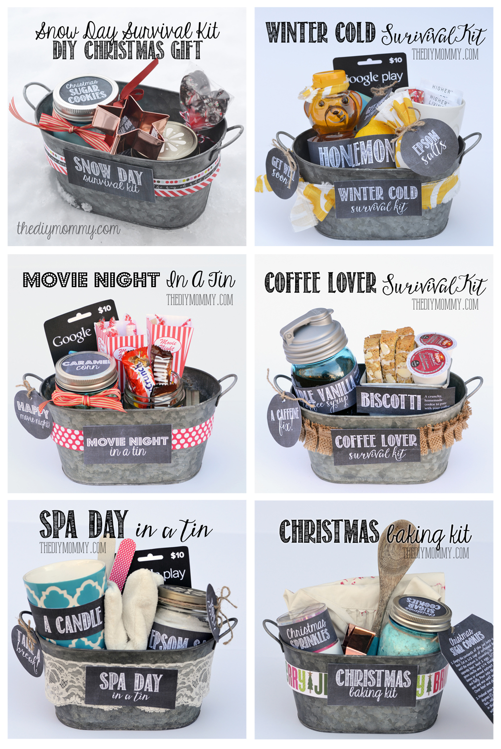 Some wonderful gifts in a tin ideas! All 6 gift basket ideas come with free tags and labels, and a list of suggested items.