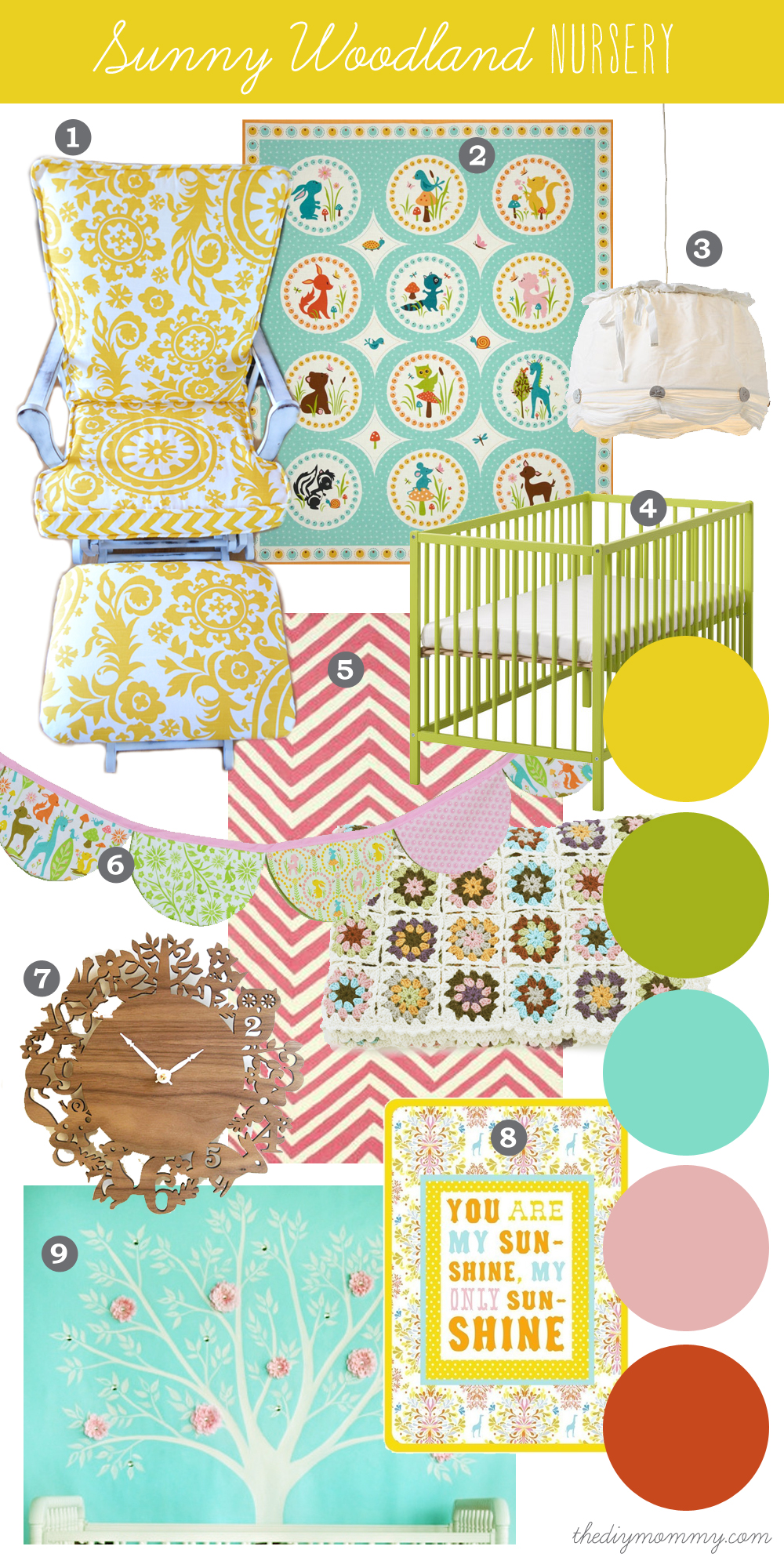 Mood Board: Sunny Woodland Nursery - Our DIY House by The DIY Mommy. Sorbet inspired shades of yellow, pink, coral and mint with retro woodland animals make a fun and sweet little nursery.