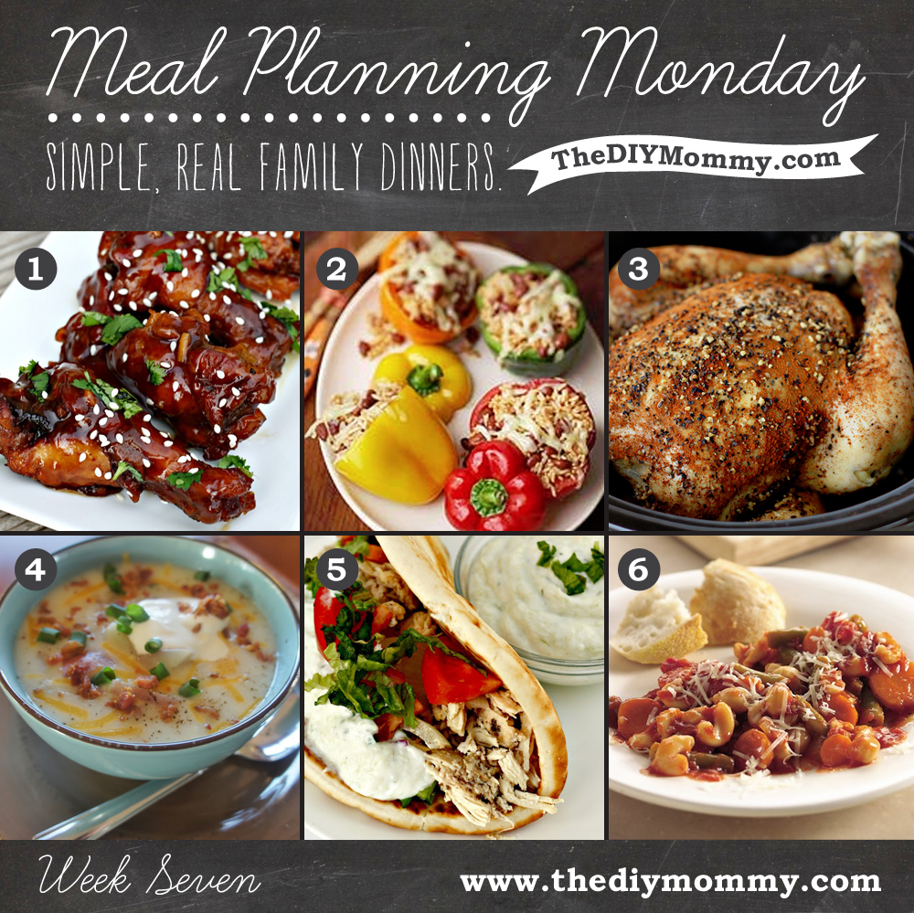 Meal Planning Monday Week 7: Slow Cooker Week! Sticky chicken, stuffed peppers, slow cooker chicken, potato soup, chicken gyros and mediterranean minestrone casserole.