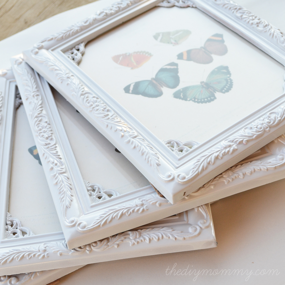DIY Shabby Chic Butterfly Art for $1. Spray paint vintage frames white and find printable vintage art books!