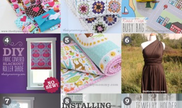 9 Favourite Tutorials of 2013 from The DIY Mommy. Dolly diaper bag and accessories, granny square baby blanket, road map busy bag printable, fabric covered roller shade, easy baby quilt, infinity dress, craftsman trim, installing laminate flooring, jewelry holder from a cutlery tray.