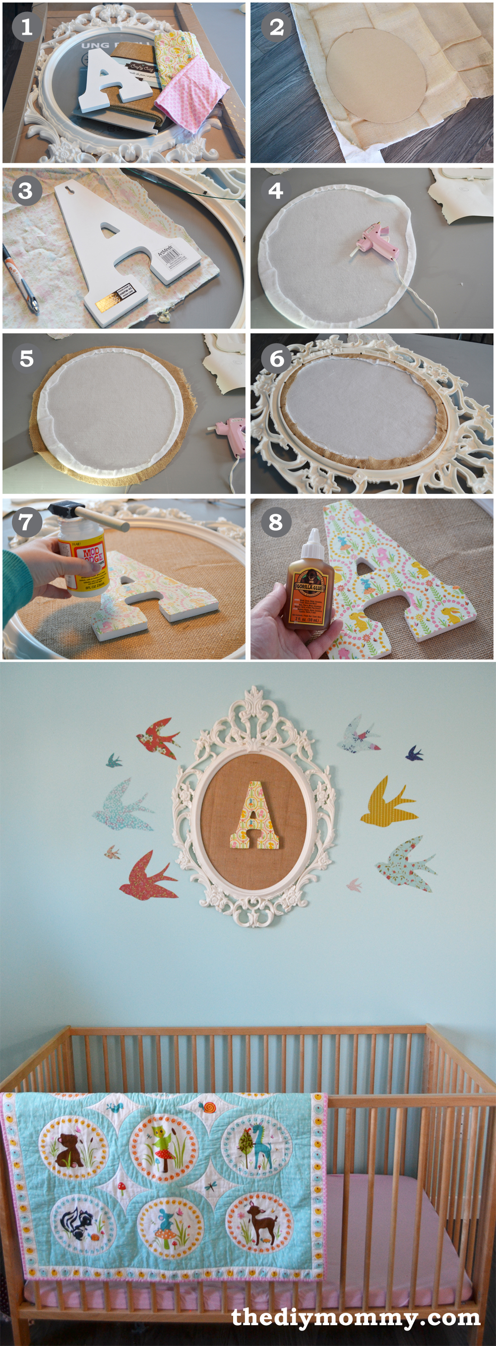 How to make DIY monogram wall art for a nursery or kid's room with burlap, and Ikea frame and scrap fabric.