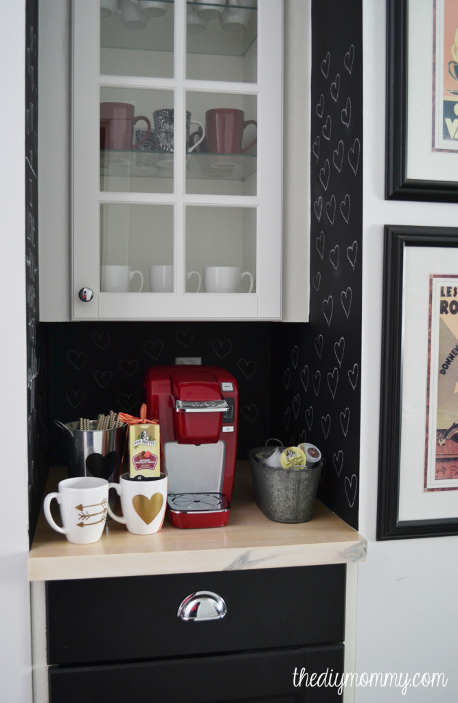 A Valentine Themed Coffee Nook with chalkboard paint, gold sharpie mugs and a red Keurig Mini Plus.