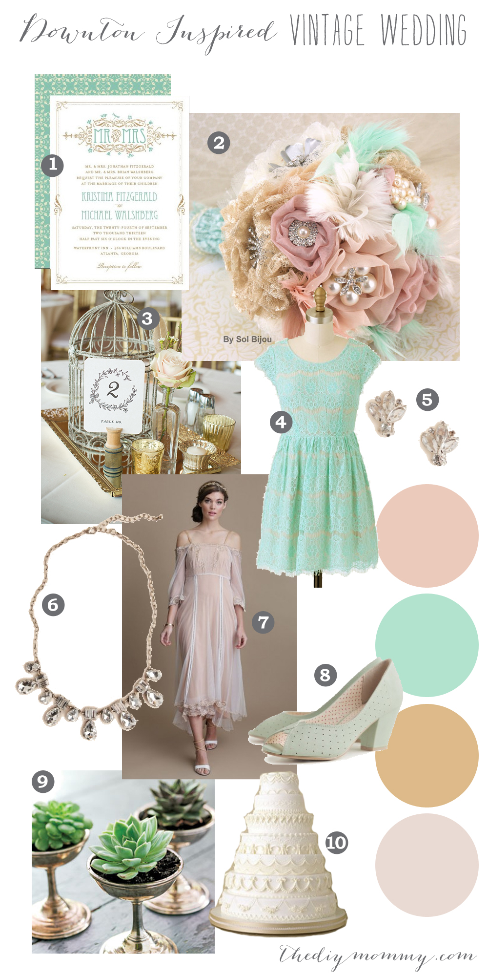 A Downton Abbey Inspired Vintage Wedding Mood Board. Colours of blush, mint and ivory are teamed with vintage inspired jewels, dresses, a fabric bouquet, birdcage centerpieces, and art deco invitations.