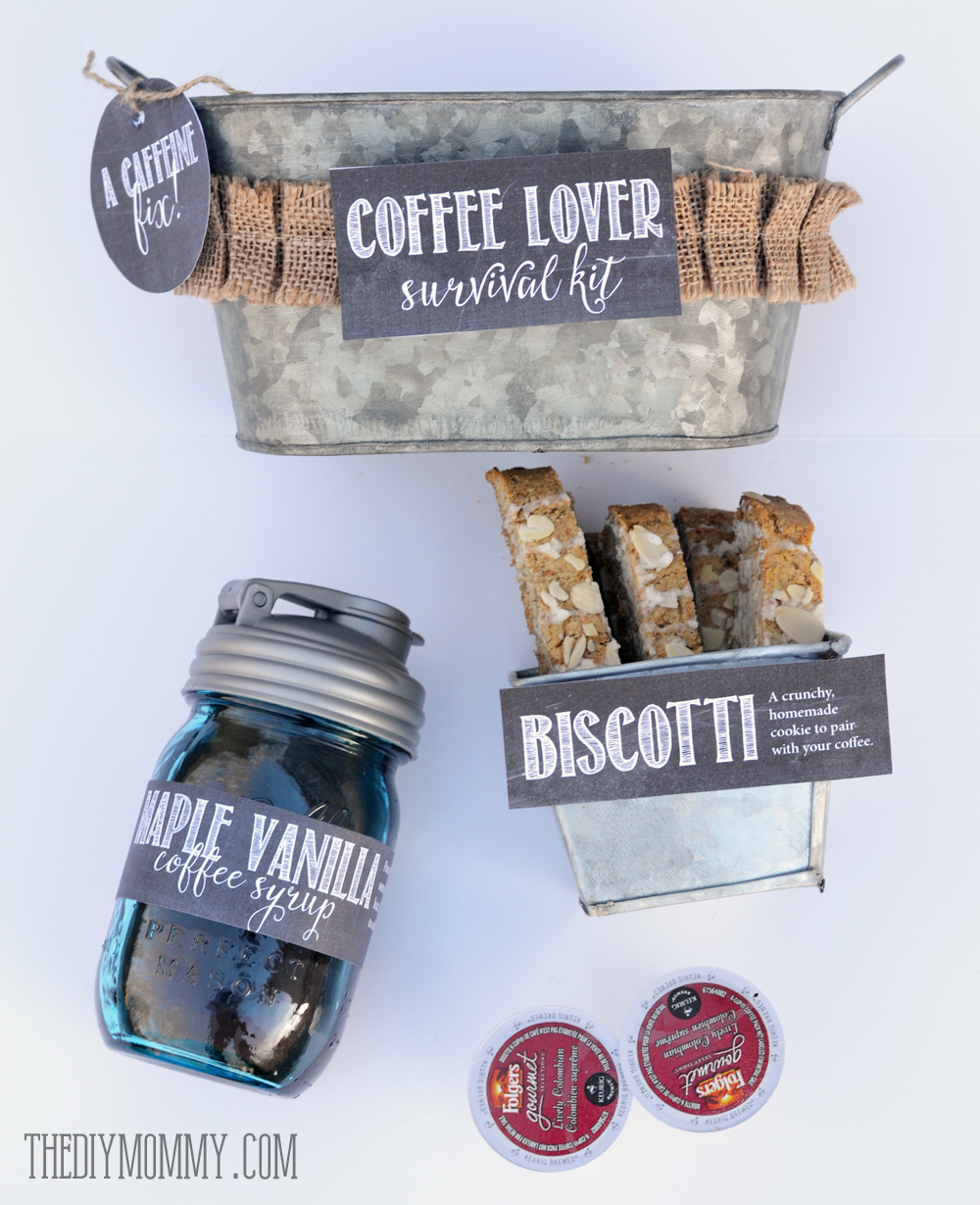 A gift basket idea: Coffee Lover Suvival Kit! Homemade coffee syrup, homemade bisocotti, some k-cups and free printables!