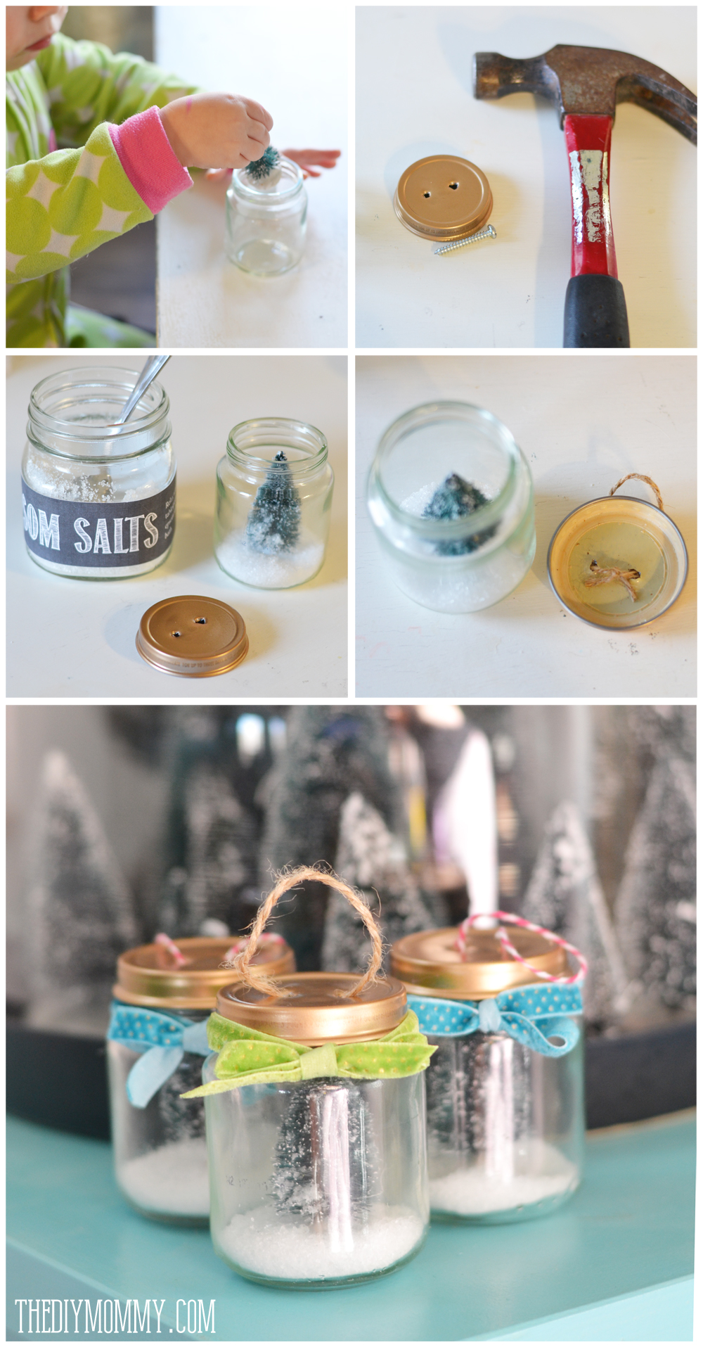 DIY Christmas Ornaments: Christmas trees & faux snow in a baby food jar!