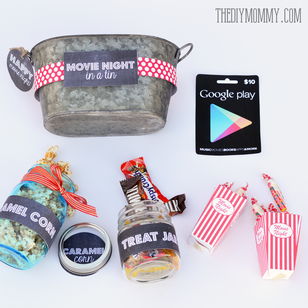 Gift basket idea: A movie night in a tin! Includes free printable tags and labels.