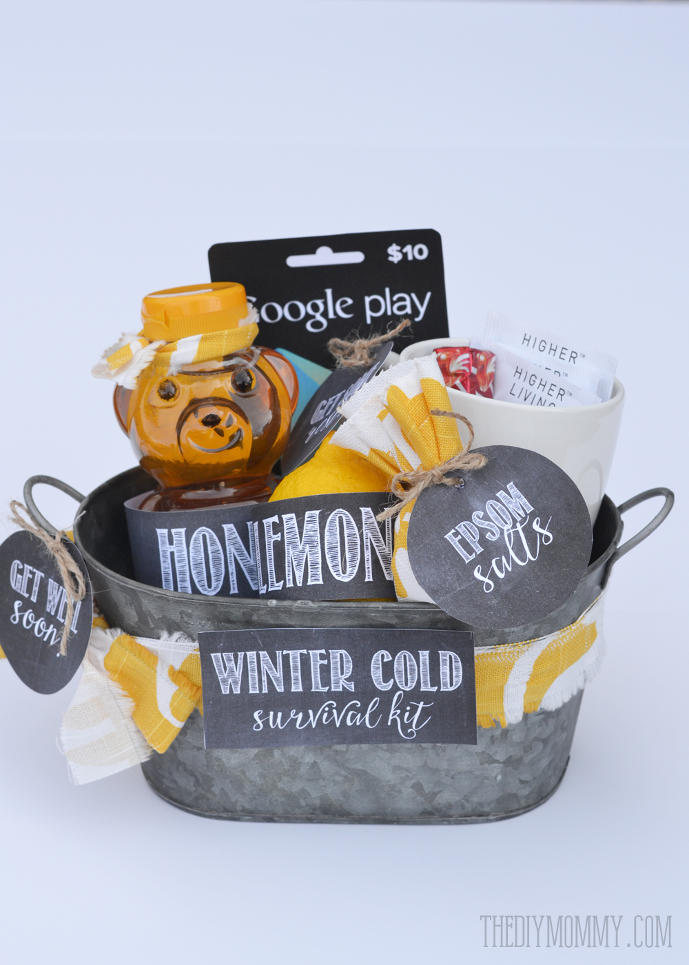 Winter Cold Survival Kit: This makes a great, unique gift! Honey, lemon, gift card, epsom salts, tea cup, tea, cough drops and free printables!