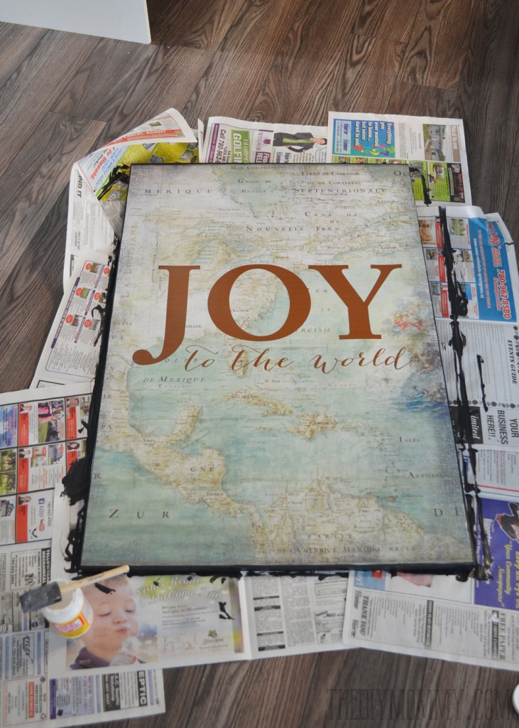 How to make large vintage map glitter Joy to the World canvas art