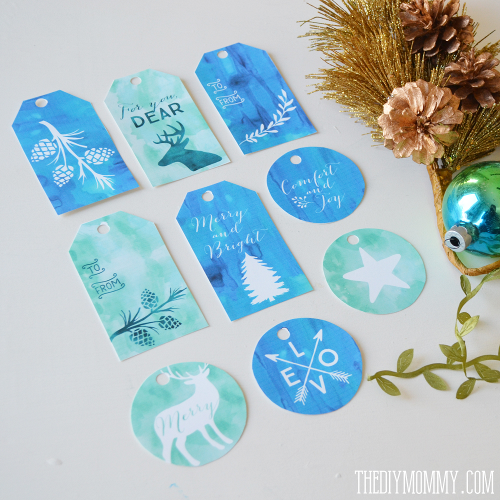 Turquoise, teal and green watercolor free printable Christmas gift tags