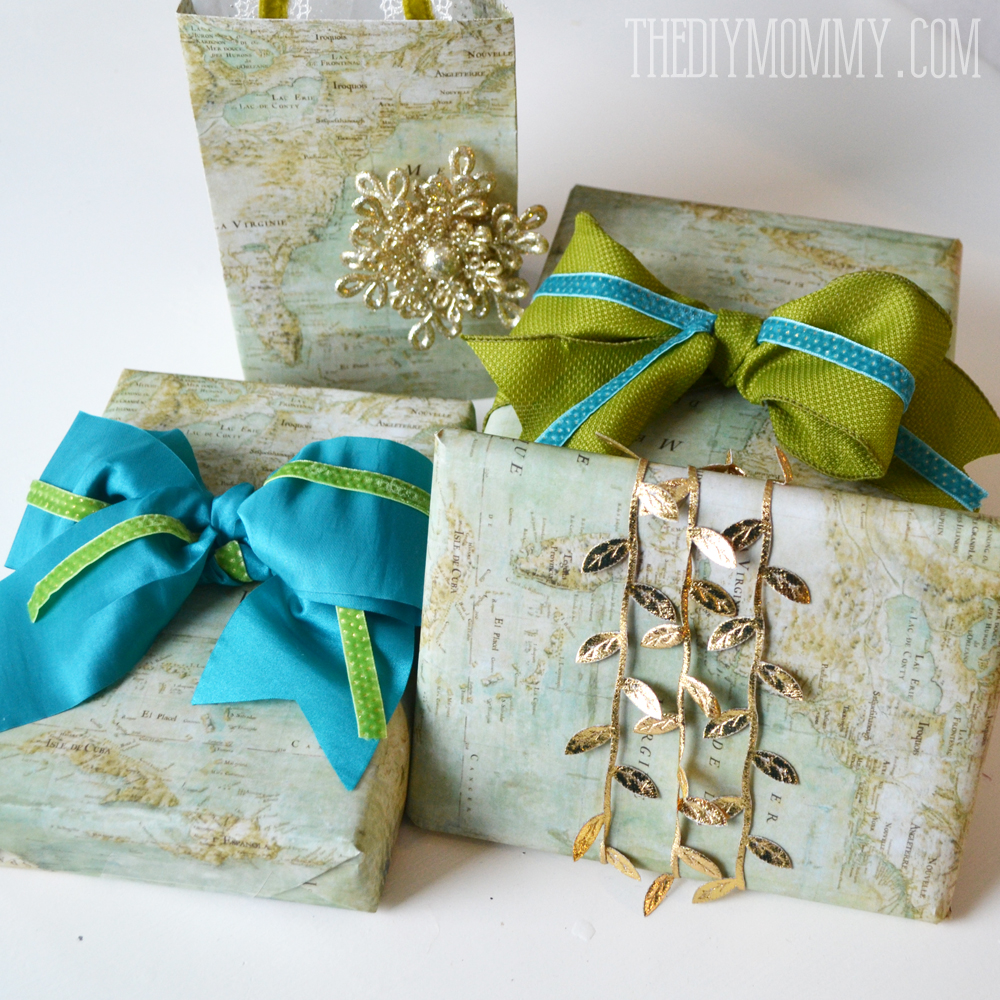 Wrap Christmas presents in vintage maps that you find or print, and accent them with green, teal and gold ribbon