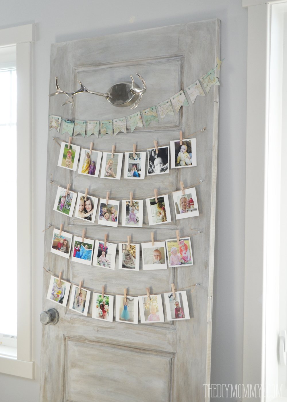 Unique and fun idea: display Instagram photos on an old door with twine and clothespins.