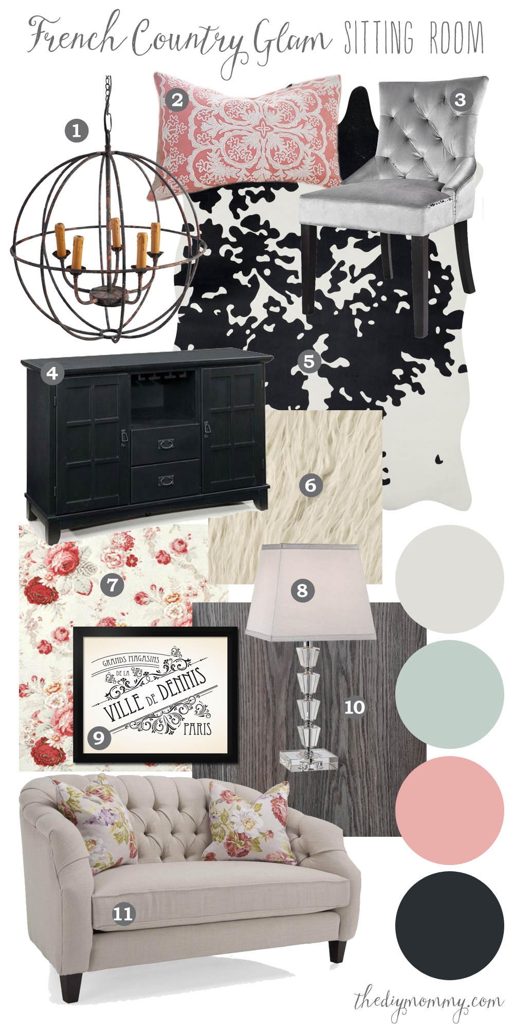 Mood Board: Modern French Country Glam Sitting Room. A formal living room featuring classic french country items mixed with more modern items. The pallate is mint, coral, black and cream.
