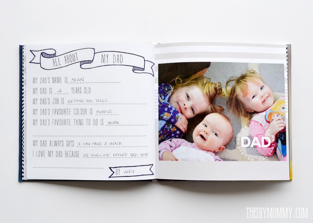 An adorable Father's Day gift idea: a photo book with pages the kids can fill in + a custom mug full of his favourite treats!