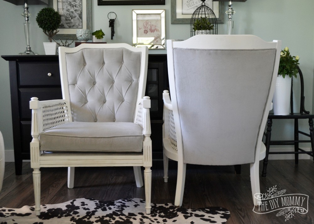 Vintage midcentury cane chairs painted white and reupholstered in grey cotton velvet.