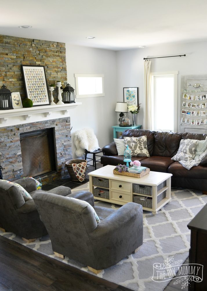 Gray, Brown, Teal / Turquoise Living Room
