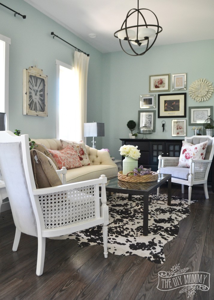 White, Gray, Mint & Coral Vintage Modern Sitting Room