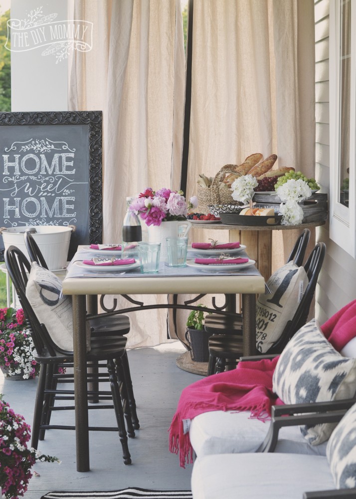 French market inspired porch warming party idea in black, white and pink
