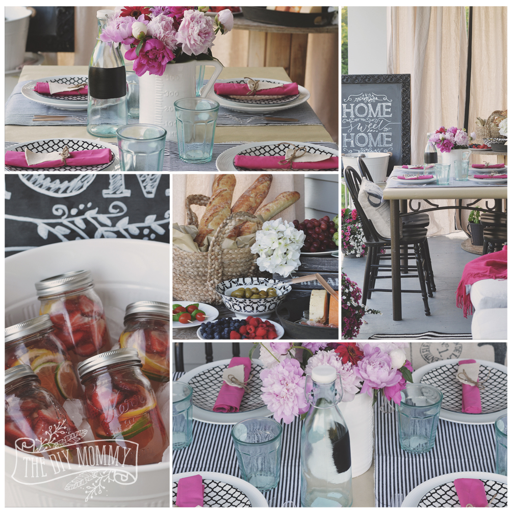 French market inspired porch warming party idea in black, white and pink