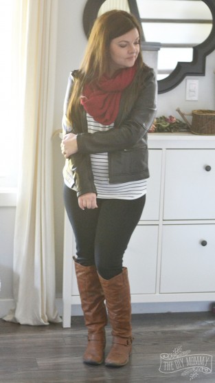 Petite Curvy Mom Style: Moto jacket, burgundy scarf, striped tee, black jeggings, riding boots.