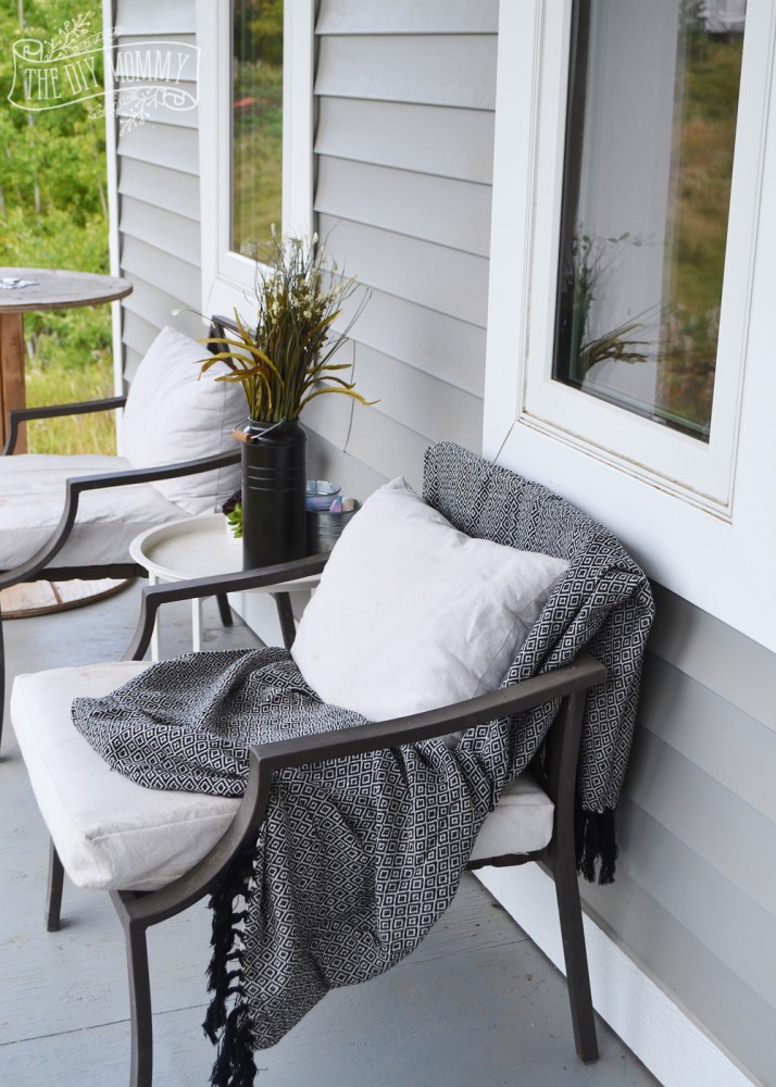 Fall porch with DIY dropcloth chairs