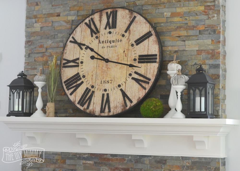 Rustic Vintage Industrial Fall Mantel with a clock.