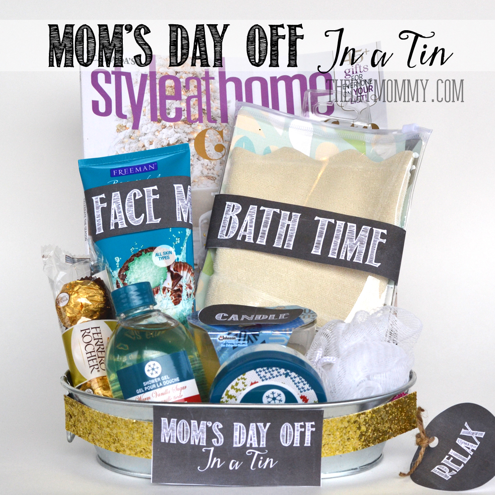 A DIY Gift In A Tin: Mom's Day Off In A Tin. Including a face mask, bubble bath, magazine, chocolates and other items all in a tin. This would be great to customize for teachers too!