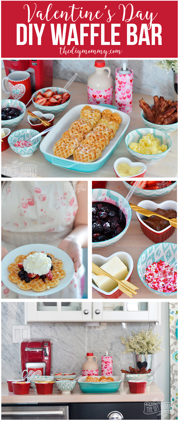 Valentine's Day Waffle Bar - it's such a sweet idea! Make heart shaped waffles and serve with a variety of sweet and savory toppings.