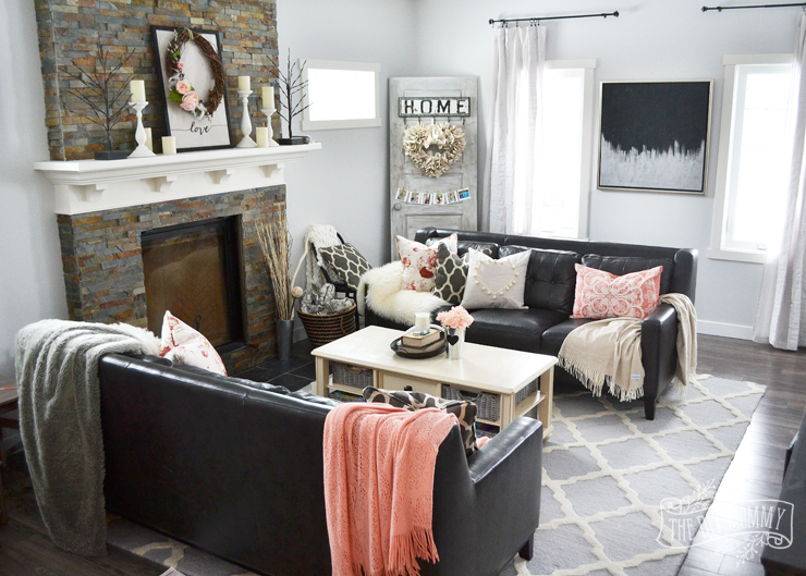 A Black & Blush Pink Living Room + DIY Pom Pom Heart Pillow
