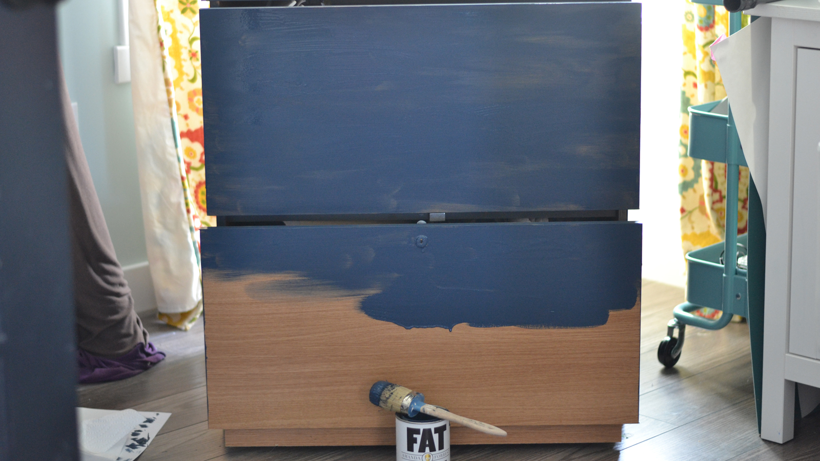 How to turn an old filing cabinet or an old dresser into a gorgeous campaign dresser inspired piece with Fat Paint chalk style paint (Amanda Forrest Collection Navy State of Mind)