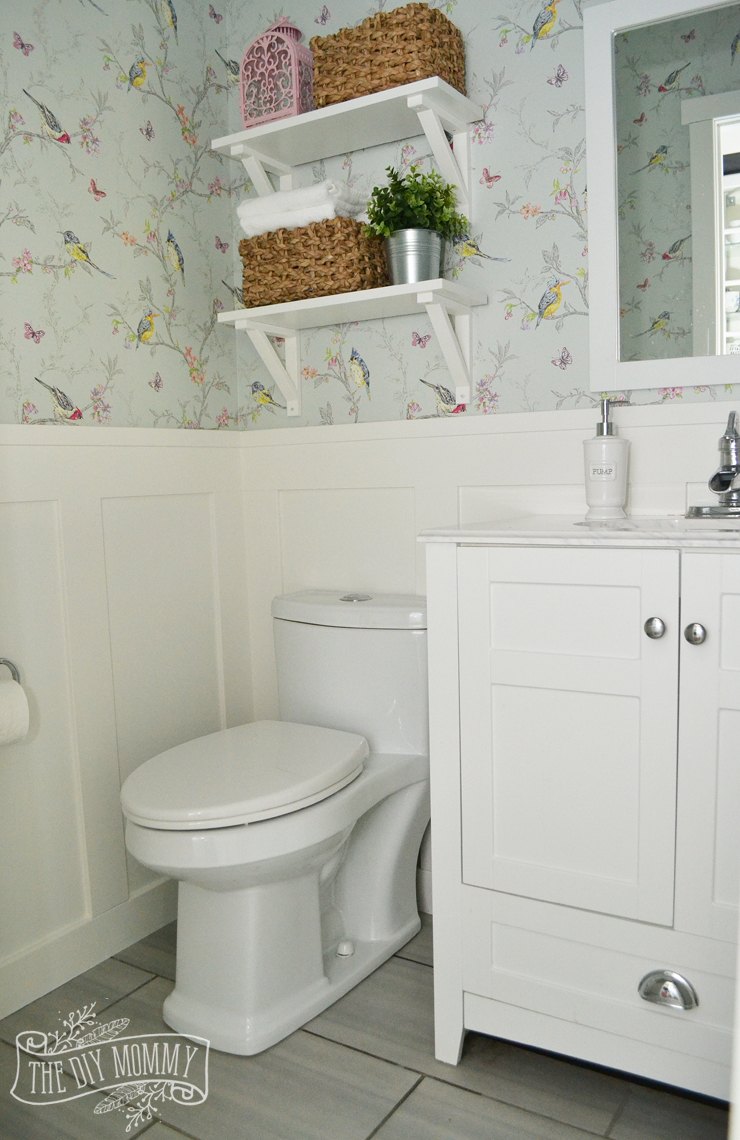 A DIY Powder Room Makeover with Chinoiserie Inspired Bird & Floral Wallpaper and Board and Batten Trim