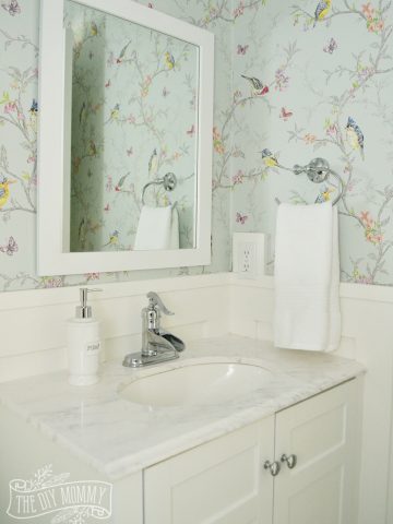 A DIY Powder Room Makeover with Chinoiserie Inspired Bird & Floral Wallpaper and Board and Batten Trim