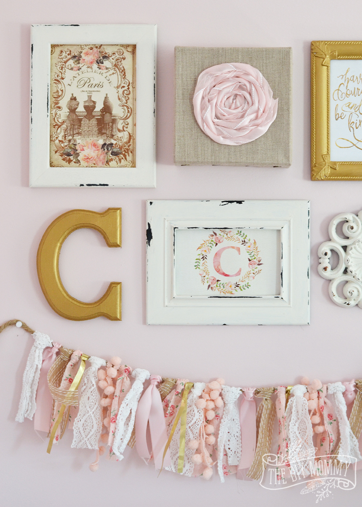 Thrifted Shabby Chic Gallery Wall and Ruffled Lamp in Blush Pink, White and Gold #12MonthsofDIY