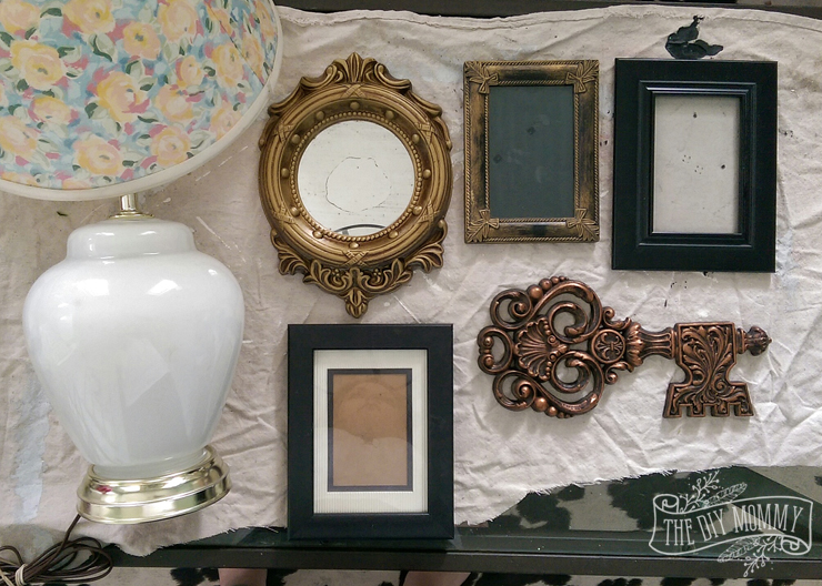 Thrifted Shabby Chic Gallery Wall and Ruffled Lamp in Blush Pink, White and Gold #12MonthsofDIY