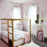 A shabby chic glam girls bedroom design idea in blush pink, white and gold with tons of DIY and kids bedroom organization ideas