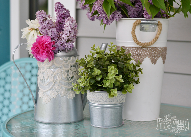 Embellish garden planters and watering cans with lace and Mod Podge