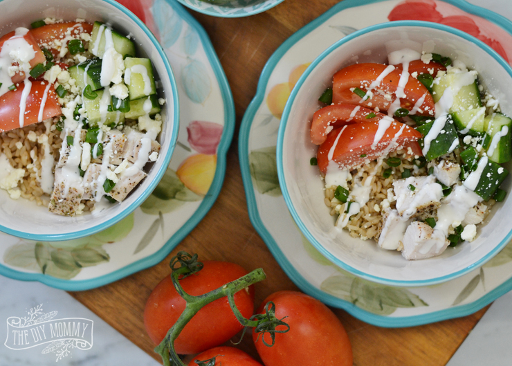 Fast and nutritious greek rice bowl for lunch with whole grain brown Minute Rice