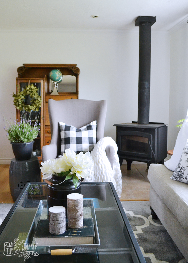 A black and white rustic cottage farmhouse living room