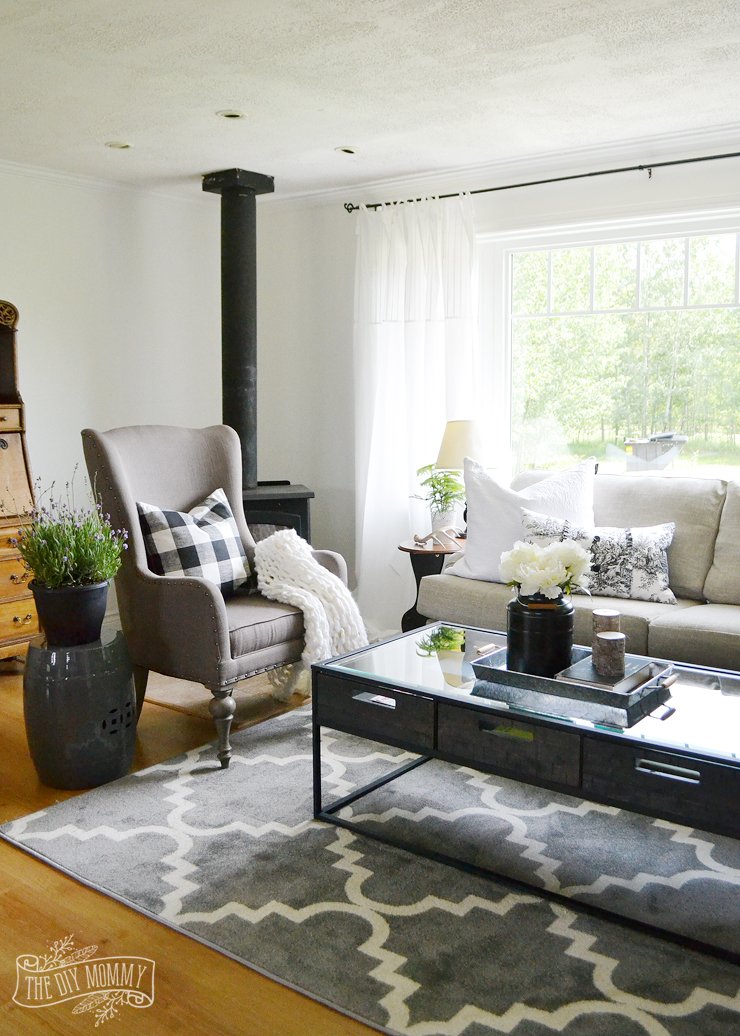 A black and white rustic cottage farmhouse living room