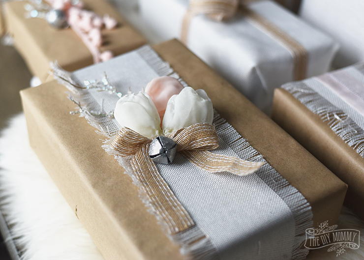 Shabby Chic Christmas Present Wrapping Ideas - Vintage inspired, pink, kraft, white linen, sparkly DIY gifts