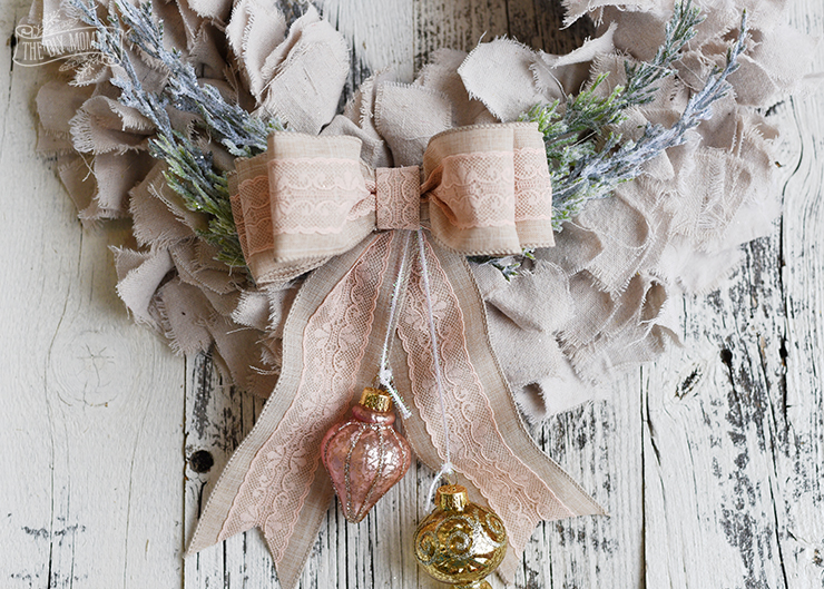 DIY Shabby Chic Dropcloth Rag Christmas Wreath in Pink, Natural, Gold.
