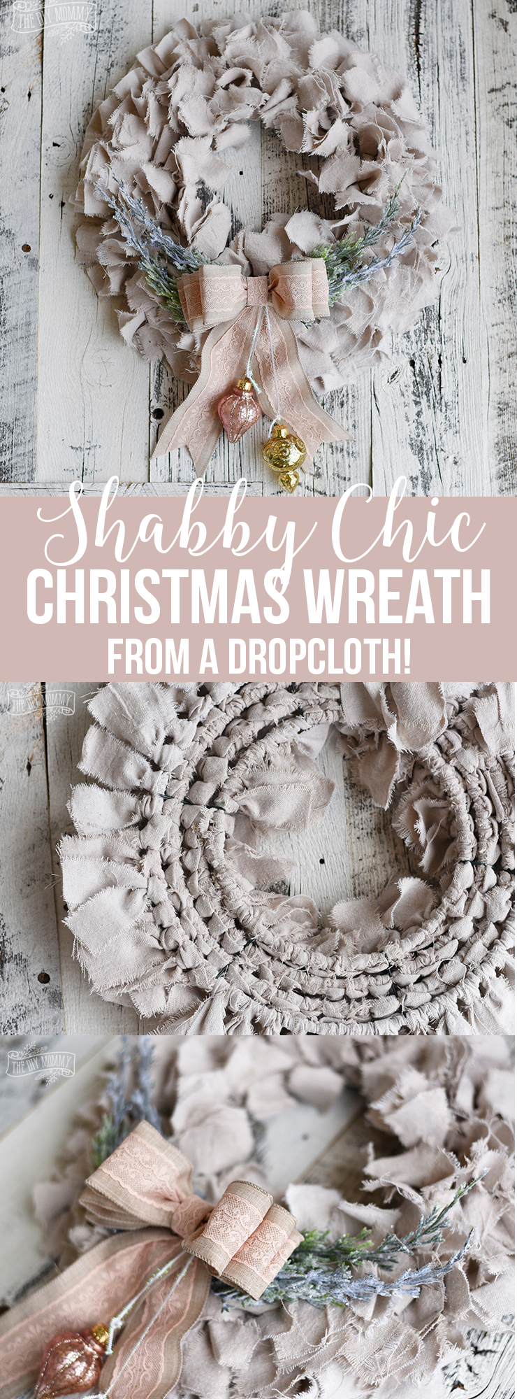 DIY Shabby Chic Dropcloth Rag Christmas Wreath in Pink, Natural, Gold