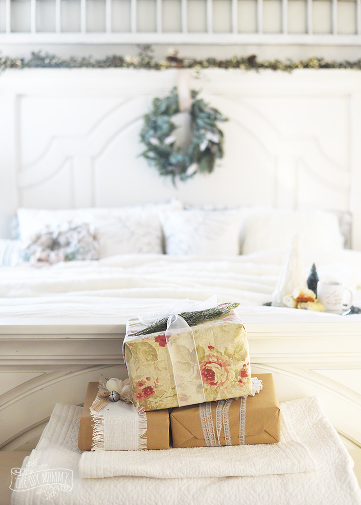 French Country Farmhouse Bedroom decorated for Christmas
