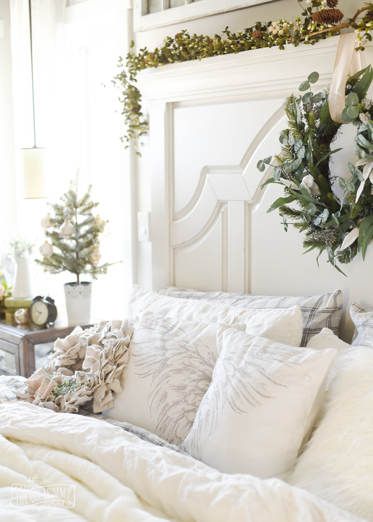 French Country Farmhouse Bedroom decorated for Christmas