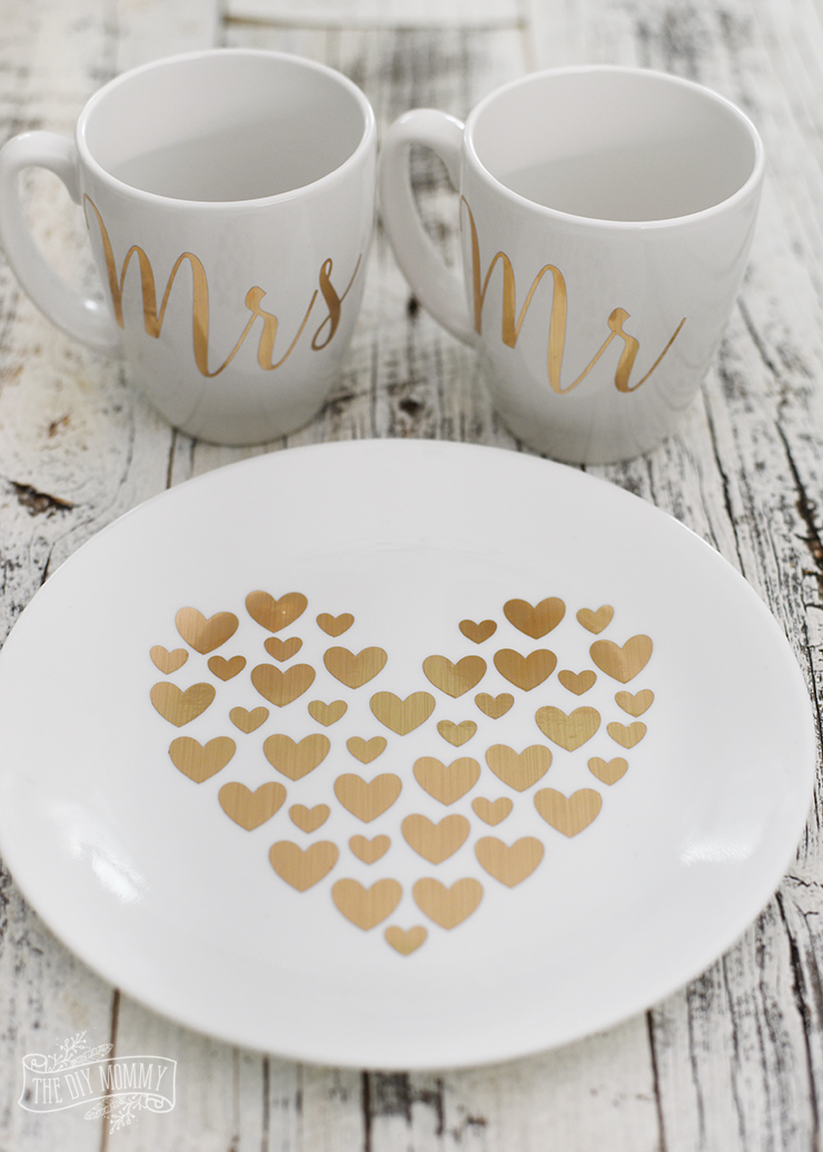 DIY Gold Foil Heart Plate and Mr & Mrs Mugs with the Cricut Explore Air