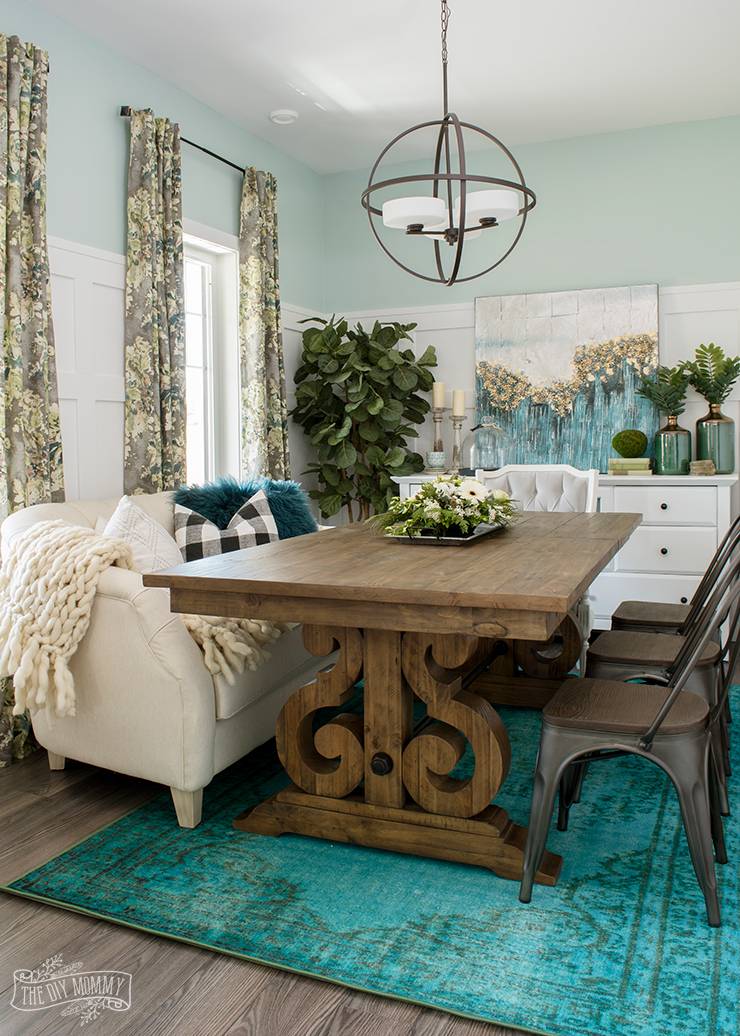 Eclectic Boho Farmhouse Dining Room Design in Teal, Black and White