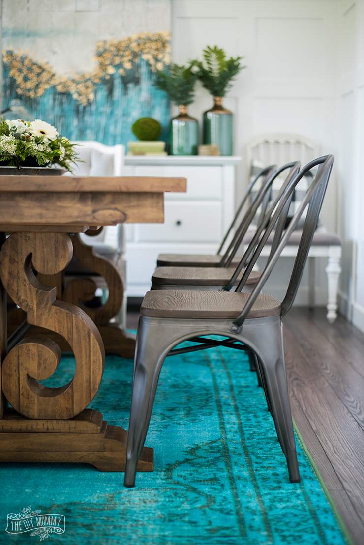 Eclectic Boho Farmhouse Dining Room Design in Teal, Black and White