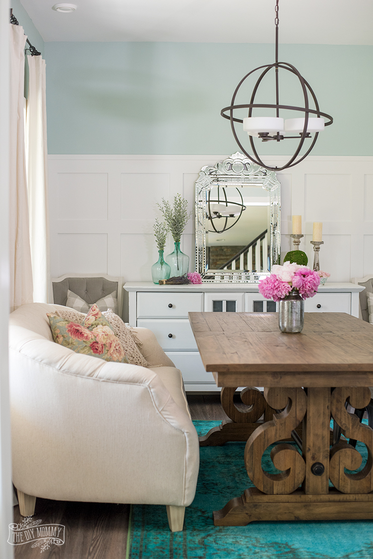 Teal and pink boho French country dining room decor