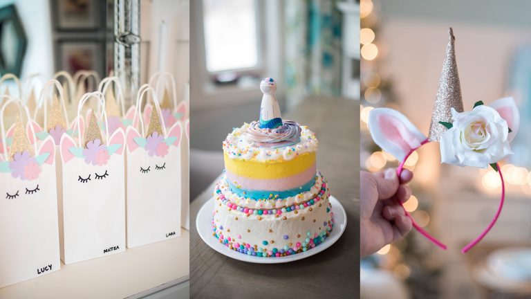 DIY Unicorn Party Ideas - unicorn treat bags, unicorn cake, unicorn headband